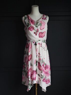 Kate & Lily | Cream and Pink Chiffon Floral Cowl Neck Dress